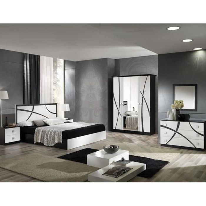Chambre complète 160*200 Blanc/Noir - CROSS - Noir et Blanc - Bois - Lit : L 165 x l 206 x H 106 cm - Chambre complète