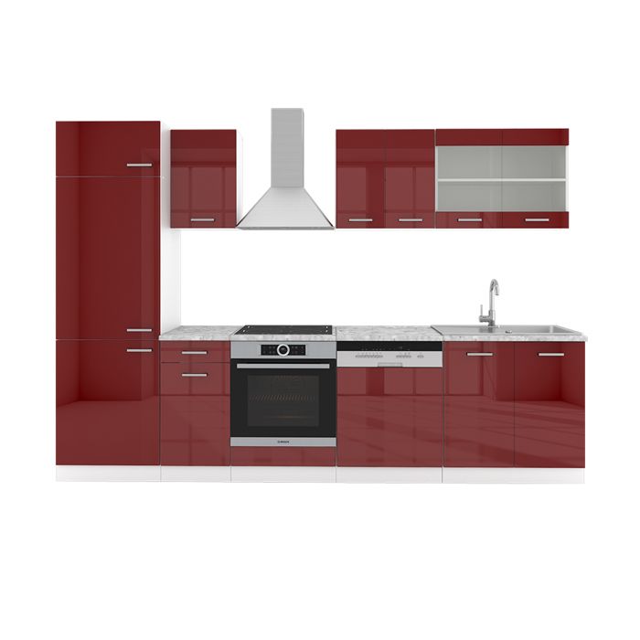 Cuisine Fame-line, Bordeaux Haute Brillance/blanc, 300cm Avec Armoire Haute Pt Marbre