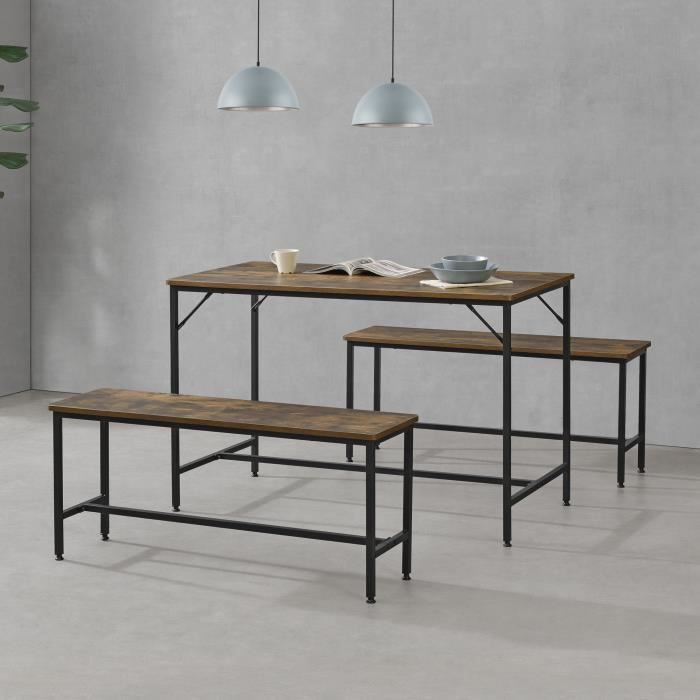 Ensemble Table + 2 Bancs HOMASIS 110x70x75 Cm - Bois Et Acier Style Industriel - Marron - Capacité 95 Kg / 150 Kg - 3