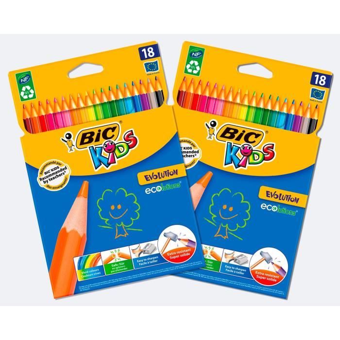 BIC Kids Evolution ECOlutions Crayons De Couleur Pour Enfants - Couleurs Assorties, Etui Carton De 36
