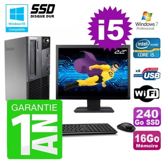 PC Lenovo M91p SFF Intel I5-2400 16Go Disque 240Go SSD Graveur Wifi W7 Ecran 22