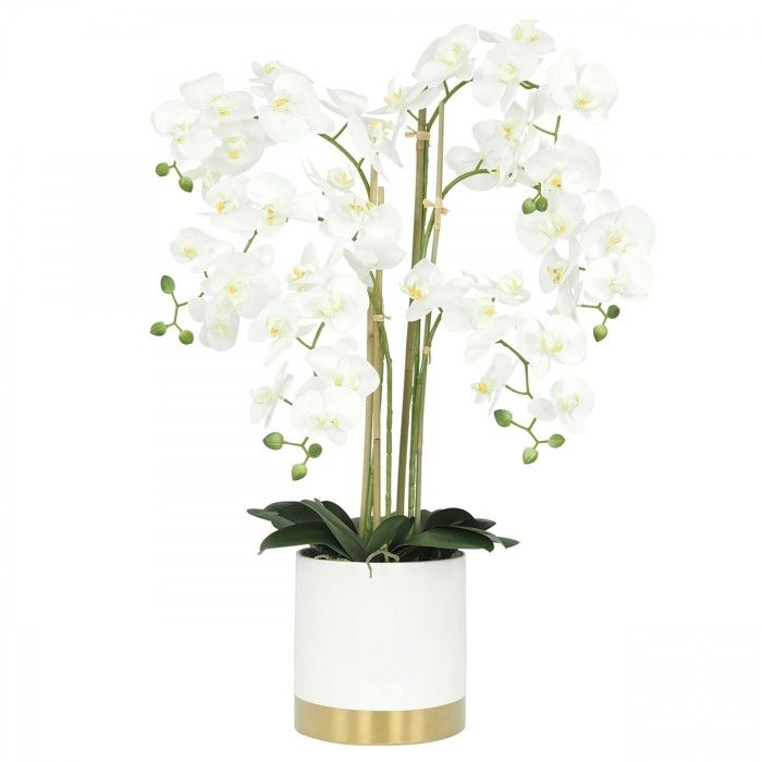 Ligne Deco Orchidee Blanche Artificielle 80 Cm Geante Toucher Reel 6 Branches En Fleurs Pot Ceramique Blanc Et Or Cdiscount Maison