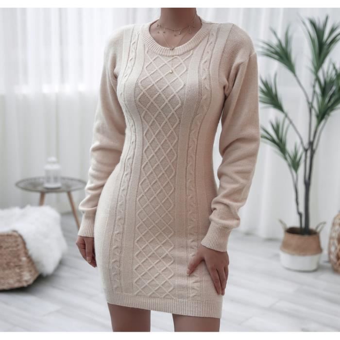 Robe Pull long femme hiver Col rond Tricot manches longue Pull Sweat Veste  moulant Torsadée pas cher primtemps chandail près du corp