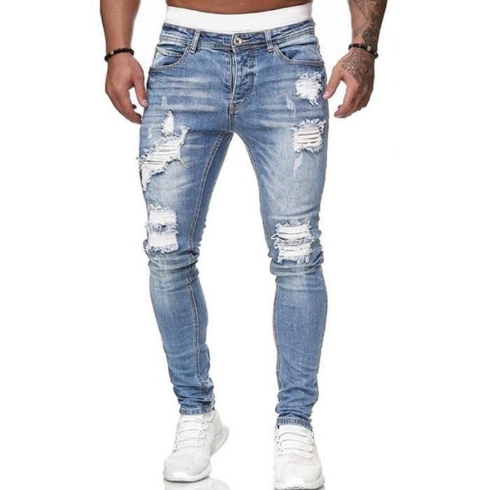 Hommes Denim Jeans Déchiré Pantalon Skinny Jean Casual Ripped Hole Jeans Slim Stretch Homme Bleu clair