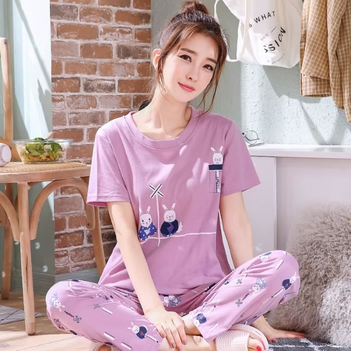 Pyjama Femme Ensemble 2 pieces T Shirt et pantalon court en coton Style 7 A38 Blanc Cdiscount Pret a Porter