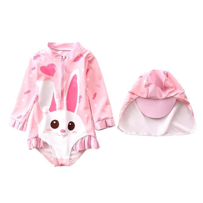 Maillot De Bain Bébé Fille Manches Longues UPF 50+ - Avec Bonnet - Protection UV - 85% Polyamide