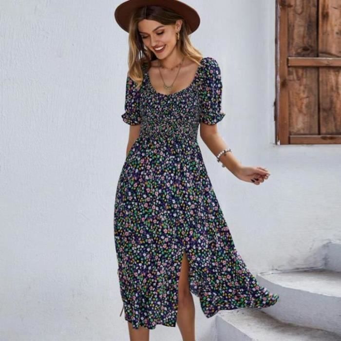 Robe femme Boheme Fleurie chic et elegant Vacances  la plage - Bleu ...