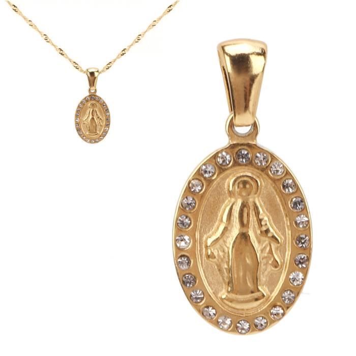 Collier Femme Coeur Avec Médaille Vierge Marie - Plaqué Or Jaune 585/14 Carats - Neuf Avec étiquettes