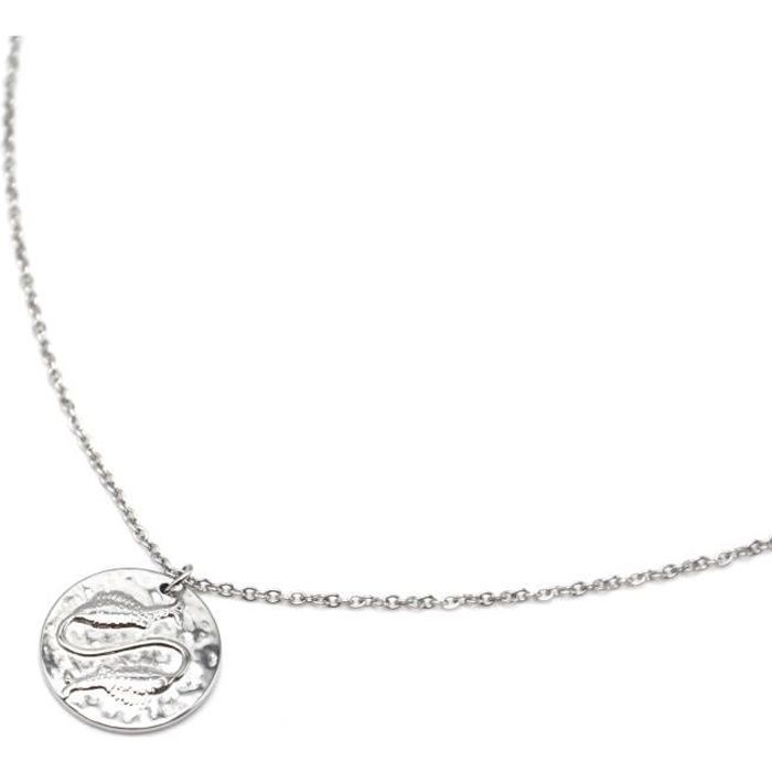 cc2447f - collier fine chaîne acier argenté avec pendentif médaille poissons signe zodiaque