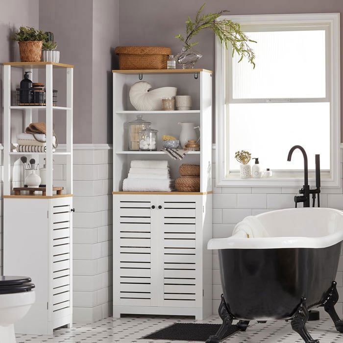 SoBuy Colonne Salle De Bain avec 3 Étagères Ouvertes 2 Portes Persiennes Armoire Haute Polyvalente 60x30x160 cm MDF Blanc