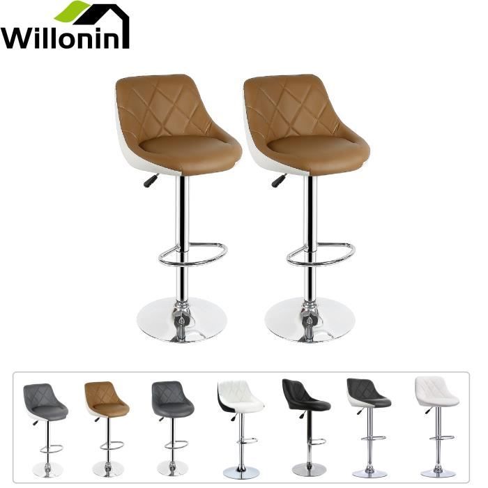 WILLONIN® Set de 2 Tabouret de bar avec repos-pieds Siège en similicuir brun clair et Dos Blanc Chaise de cuisine Hauteur ajustabl