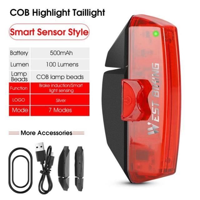 Feu Arrière Vélo LED Avec Détection De Freinage - Étanche IPX6, Rechargeable - Pour VTT, Ville, Nuit