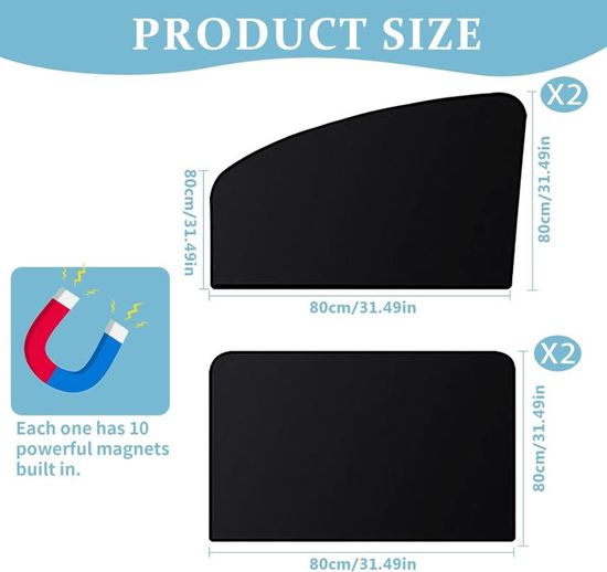 Lot De 4 Rideaux De Protection Solaire Magnétiques Pour Voiture - Tissu Argenté Anti-UV, Universel - Pour Fenêtres Avant Et Arrière