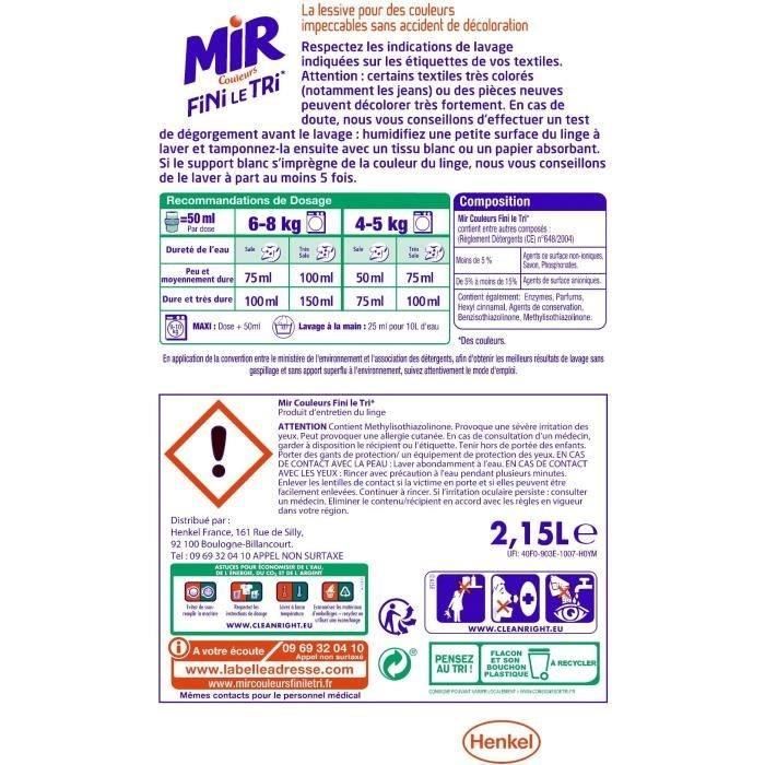 MIR COULEUR Lessive Fini le Tri 2,15 L Cdiscount Electroménager