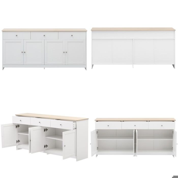 Buffet Salle à Manger 160x37x75 Cm - Blanc Et Bois - 4 Portes, 3 Tiroirs, étagères Réglables - Meuble De Rangement Cuisine Ou Salon - 6