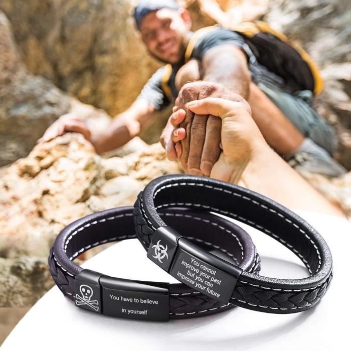 Bracelet Homme Cuir Viking Personnalisé Message Gravée Sac Cadeau Bois