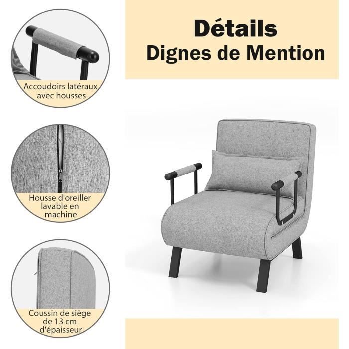 Canapé-lit convertible fauteuil 1 place tissu gris Homcom | Maisons du Monde