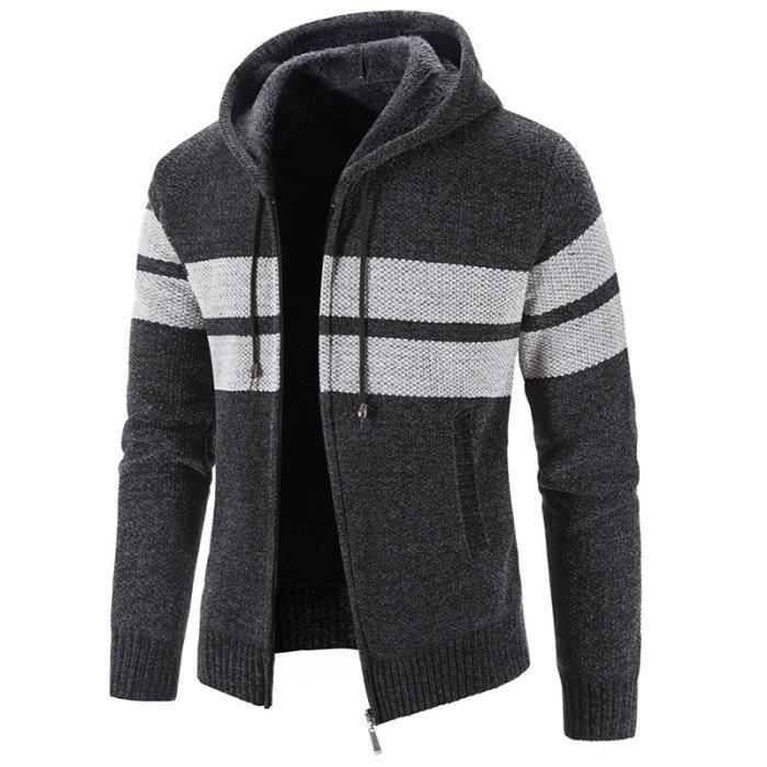 Gilet Hiver Homme Capuche Chaud Doubl Polaire Cardigan en Tricot