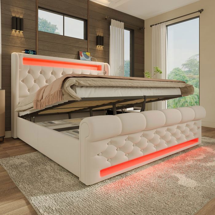 AOGLLATI Lit Coffre 140×190cm avec LED et Ports USB, Lit Double avec Rangement, Tête de Lit réglable, Rembourré Sommier à Lattes, Hydraulique, Lin Beige(sans Matelas
