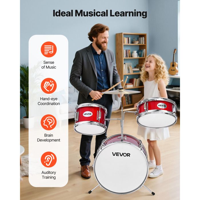 VEVOR Batterie Enfant 3 Pièces – Grosse Caisse 14" (355 Mm), Caisse Claire 10", Tom 8", Siège & Cymbale, Noir