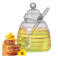 Pots à miel transparents avec cuillère et couvercle, 500ml Pot Miel En Verre, distributeur de pots à miel en verre Récipient à Miel 