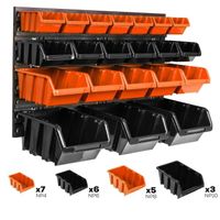 Lot de 21 boîtes XS S et M bacs a bec orange et noir pour système de rangement 58 x 39 cm au garage
