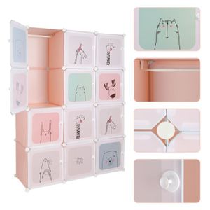ARMOIRE DE CHAMBRE NUO 12 Cubes Armoires Chambre DIY Penderie Plastiques, Meuble Rangement Enfant avec Motifs d'animaux (Rose)
