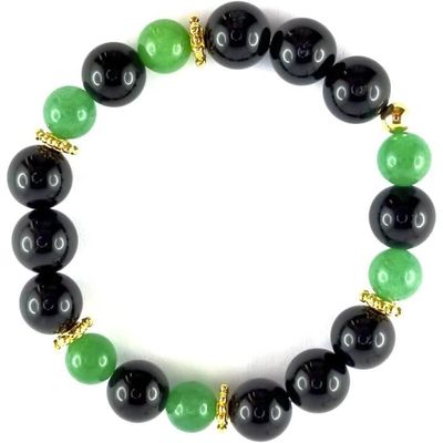 Bracelet perles naturelles noir, blanc verte et doré, élastique.