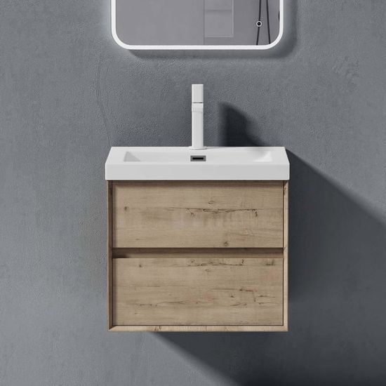 Meuble Salle De Bains Suspendu Sogood 80 Cm – Lavabo Fonte Minérale, 2 Tiroirs Soft-close, Marron Clair