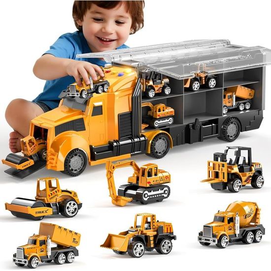 Camion Transporteur 7 En 1 – Ensemble Engins De Chantier Métal, Pelle, Niveleuse, Bétonnière, Échelle 1:48, Cadeau Garçon Fille 3 Ans