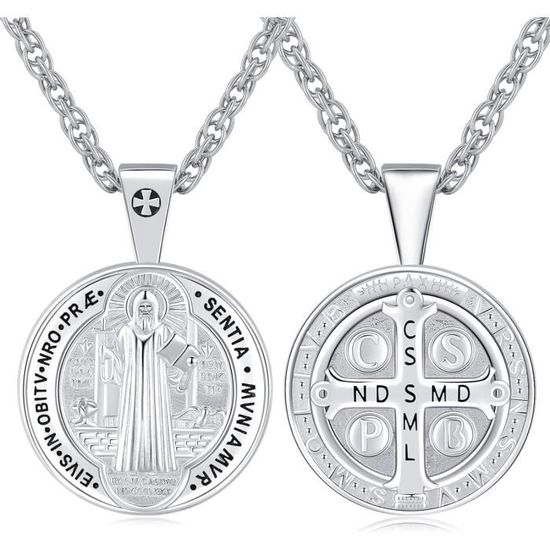 Friggem Collier Saint Michel/Saint Christophe/St Benoît Croix en Argent Sterling 925 Archange Pendentif Médaille Religieux Amulette Protection Bijoux pour Homme Femme, 0,78 x 1,06 pollic, Argent