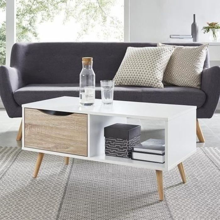 Table basse Design nordique blanc et chêne avec plateaux en bois- style scandinave - L90cm