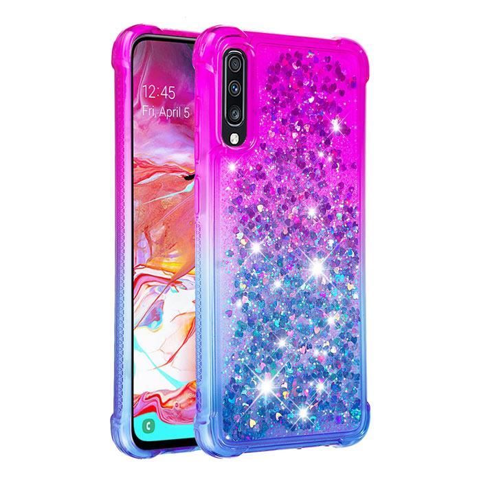 Coque Samsung Galaxy A70, Transparente Silicone Liquide Paillette Gradient Couleur Ultra-fin Antichoc, Violet Bleu