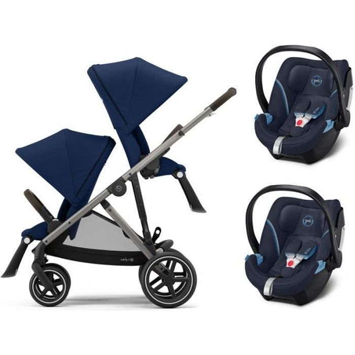 CYBEX Gazelle S Jumeaux - Poussette (6+) avec deux siège auto - Pliage compact - châssis argent - Bleu