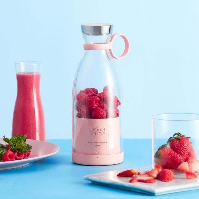 JOULLI Mini extracteur de jus juicer Pour shakes et smoothies Fruits Légumes , mixeur portable rechargeable par USB - rose