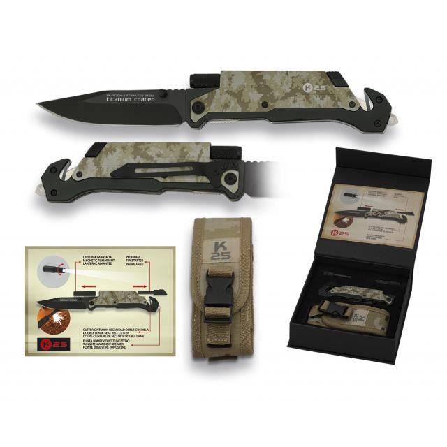 Couteau tactique avec système FOS, K aluminium, lame en acier inoxydable de 9,5 cm, camo desert comprend lampe de poche et silex