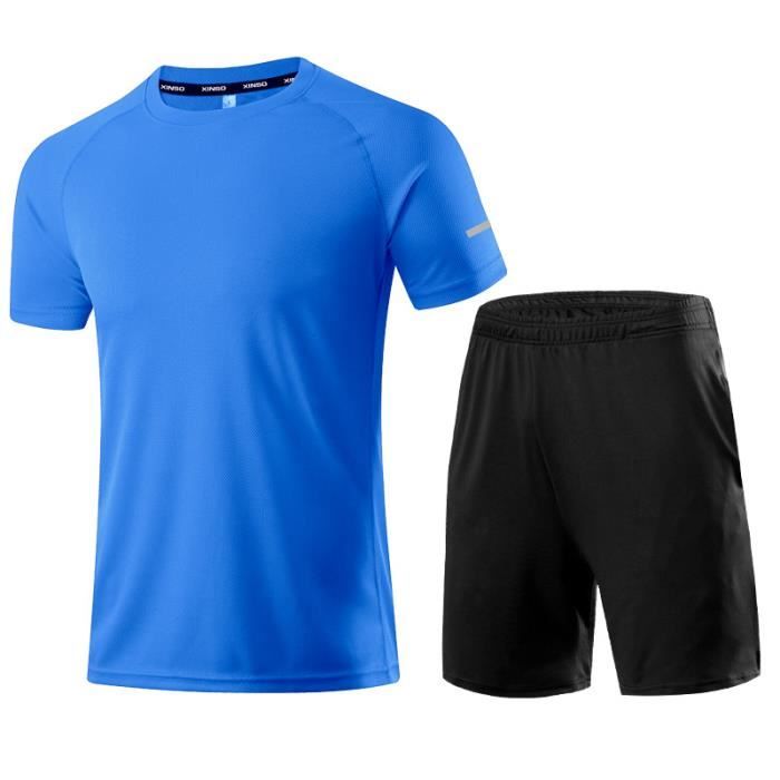 Ensemble De VêTements De Sport T-shirt col rond et short respirant tout noir Vêtements de sport à séchage rapide