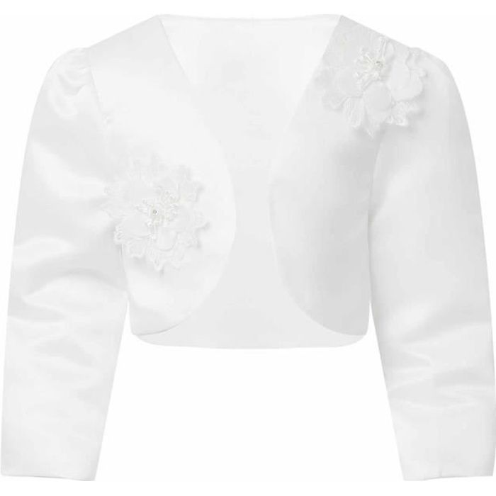 inlzdz Enfant Fille Boléro Mariage Manches Longues Manteau Strass Fleur Soirée Cérémonie Baptême1-12 Ans Blanc