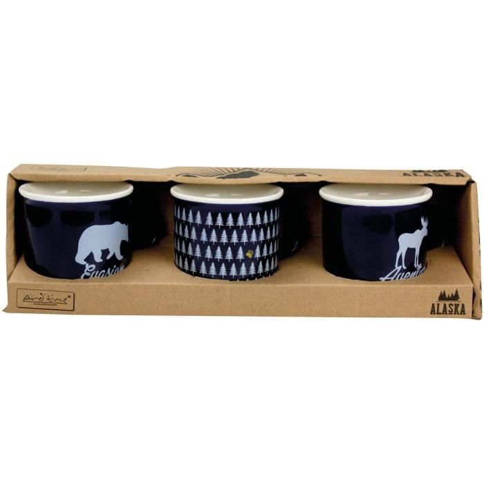 ARD'TIME - 3 Mini mugs porcelaine Alaska design Bleu 14cl