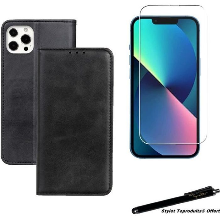 Etui portefeuille noir pour iPhone 13 Pro max Housse à fermeture magnétique et Verre trempé 2,5D avec Stylet Toproduits®