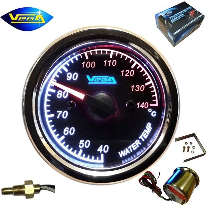 Manomètre Vega® température d'eau circuit refroidissement inox étanche 40-140 °C moto bateau chromé éclairé 52 mm marque Française
