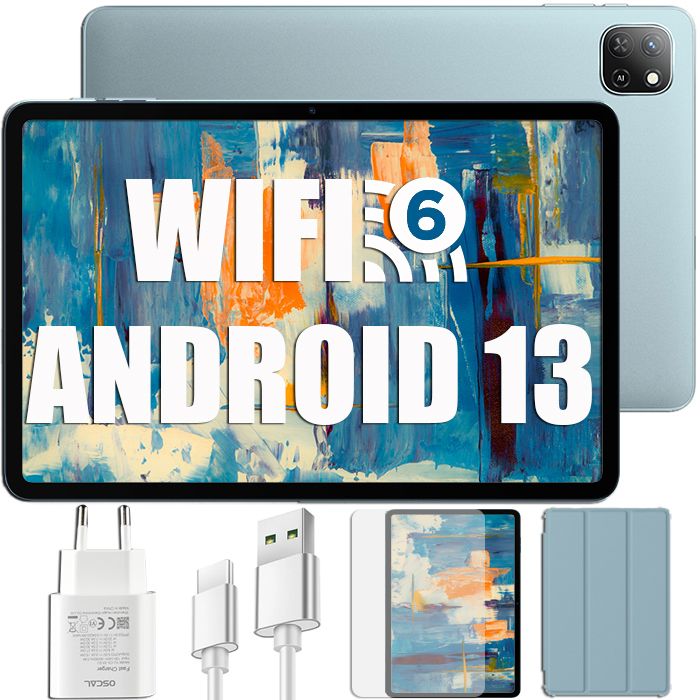 Oscal Pad 50 WiFi Tablette Tactile 10.1 pouces HD+ IPS Android 13 2.4G+5G WiFi 6 RAM 6 Go ROM 64 Go/SD 1 To 5100mAh – Bleu