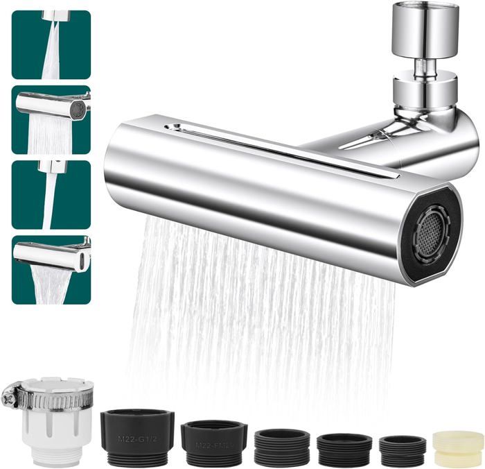 Douchette évier Cuisine 360° - 3 Modes Jet - Adaptateur Universel - Nickel Brossé