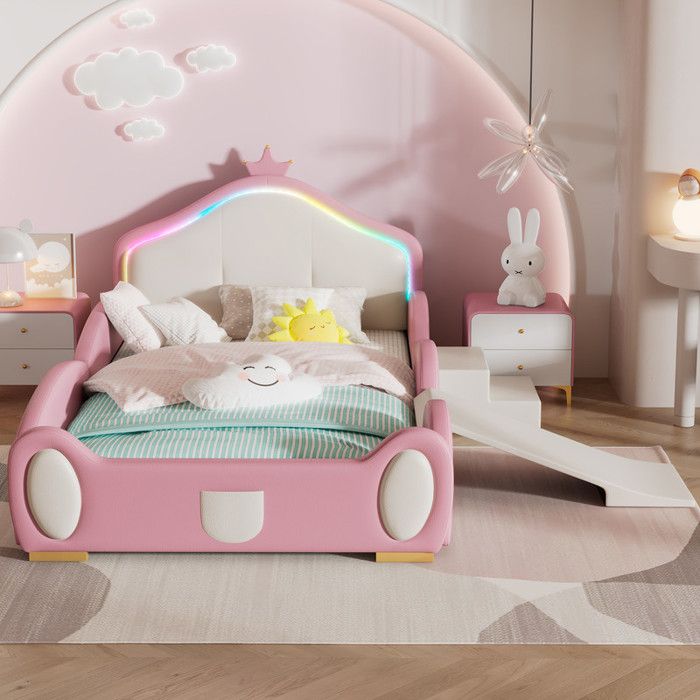 Lit enfant - MODERNLUXE - 90x200cm - Toboggan et escalier - LED multicolore - Sommier à lattes - Beige Lit enfant - MODERNLUXE - 90x200cm - Toboggan et escalier - LED multicolore - Sommier à lattes - Beige
