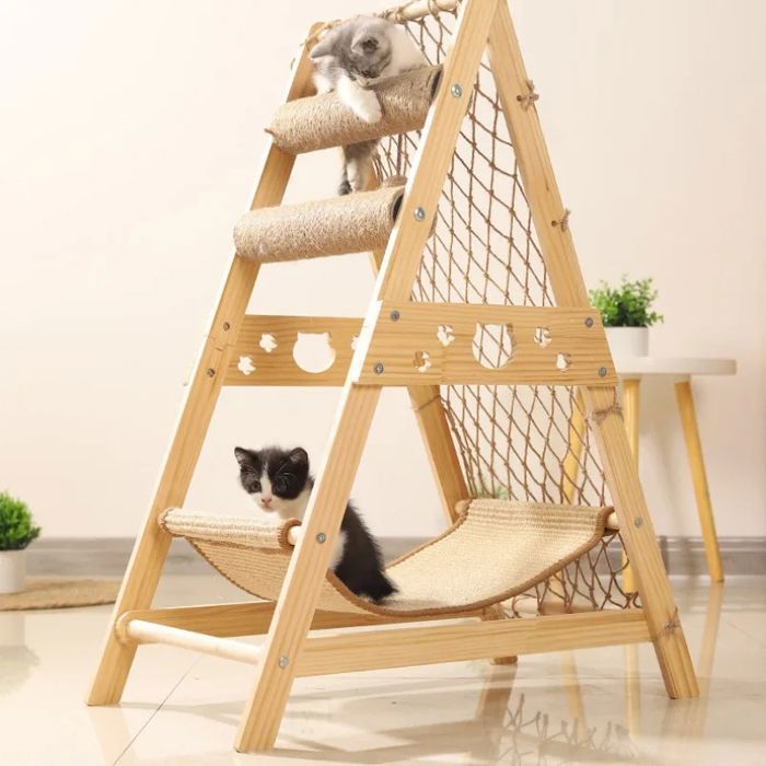 Arbre à Chat, Hauteur 85 cm, pour Chat, avec 2 Poteaux à Griffer,1 Hamac, 1 Pompons, en Tissu Chanvre, Bois