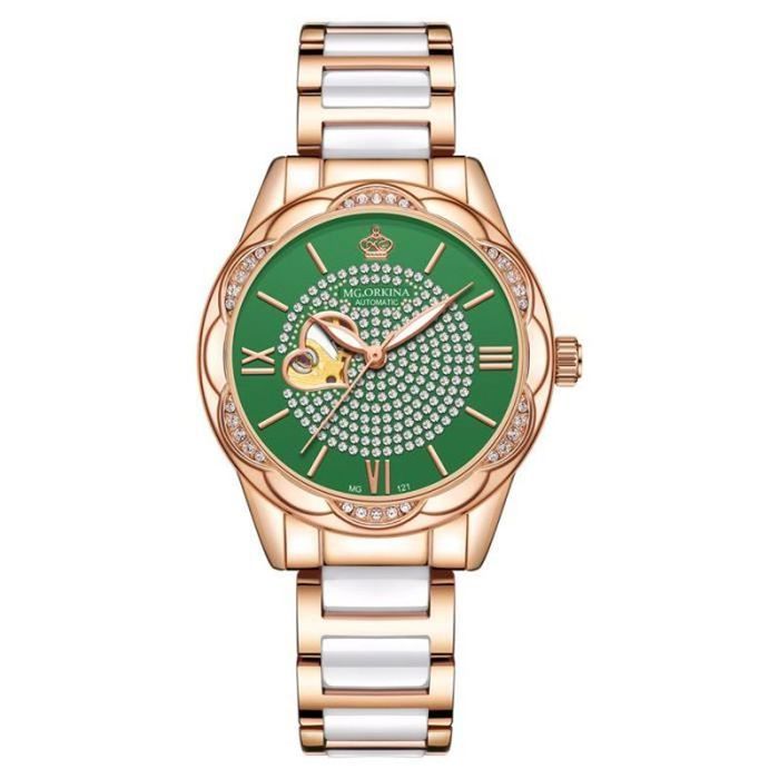 Montre Femme Luxe Chic Carrée - Cuir Vert - Quartz - Acier
