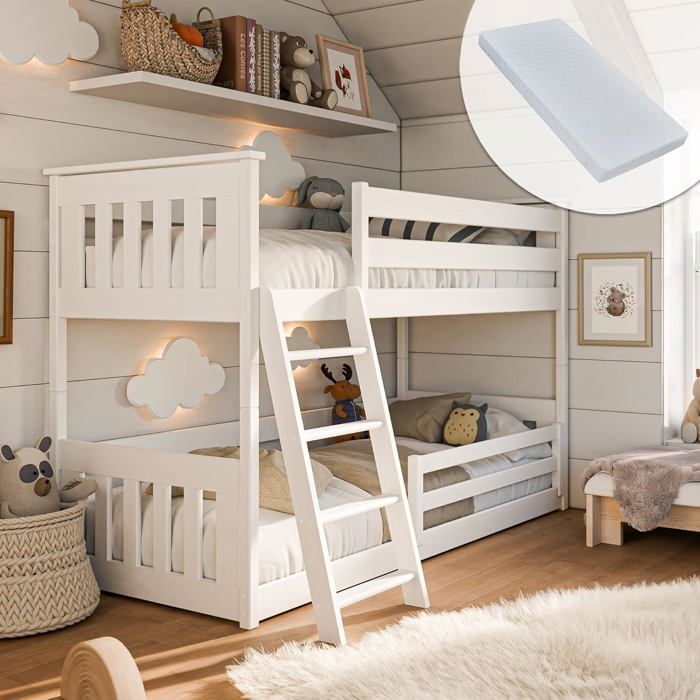 Lit superposé pour enfant 90x200 cm - Deux matelas + Sommier - Barrière de lit - Lit enfant en bois massif enfant adolescent -