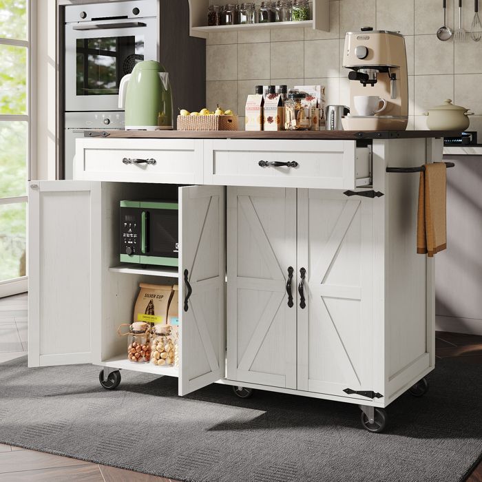 Desserte de Cuisine à RoulettesÎlot central 4 Portes 2 TiroirsChariot de CuisinePorte-ServiettesPorte-épicesPlans de Travail