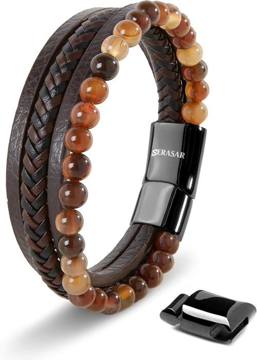 Bracelet en cuir véritable de qualité supérieure SERASAR pour homme [Stone] en marron Perles en pierre naturelle 23 cm