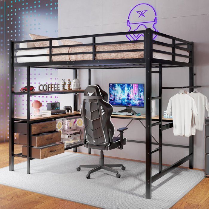 Lit Mezzanine Gamer avec Bureau Étagères Tiroirs Éclairage LED Prise USB Cadre de Lit en Métal (Sans Matelas) 140x200 cm Noir Lit Mezzanine Gamer avec Bureau Étagères Tiroirs Éclairage LED Prise USB Cadre de Lit en Métal (Sans Matelas) 140x200 cm Noir